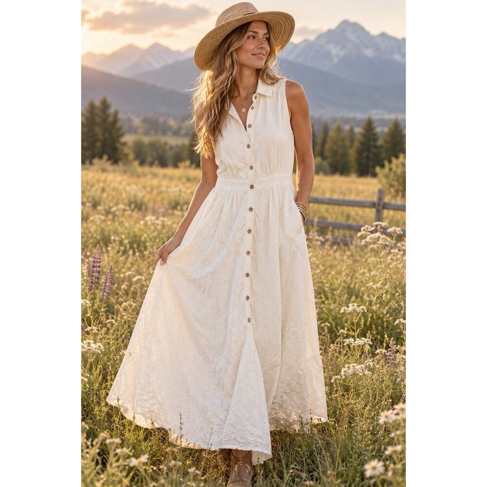Vintage Sherry Martin Size 16 Ivory Eyelet Maxi Dress Button Pockets Cottagecore